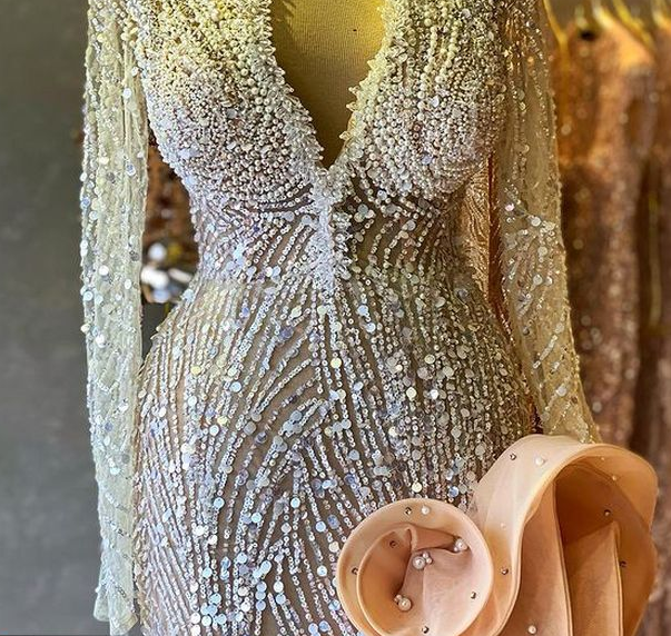 Heavy Bead Unique Prom Dress With Side Ruffules Custom Made Evening Dress