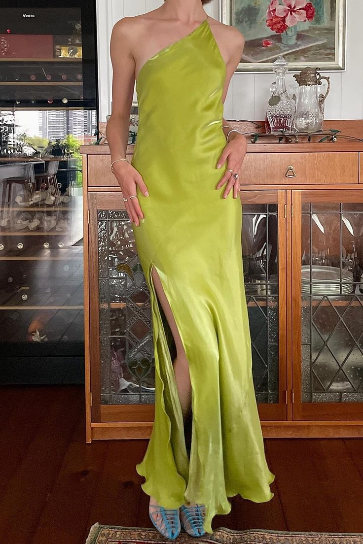 Unique Green One Shoulder Slit Mermaid Evening Dress,Backless Long Prom Party Dress