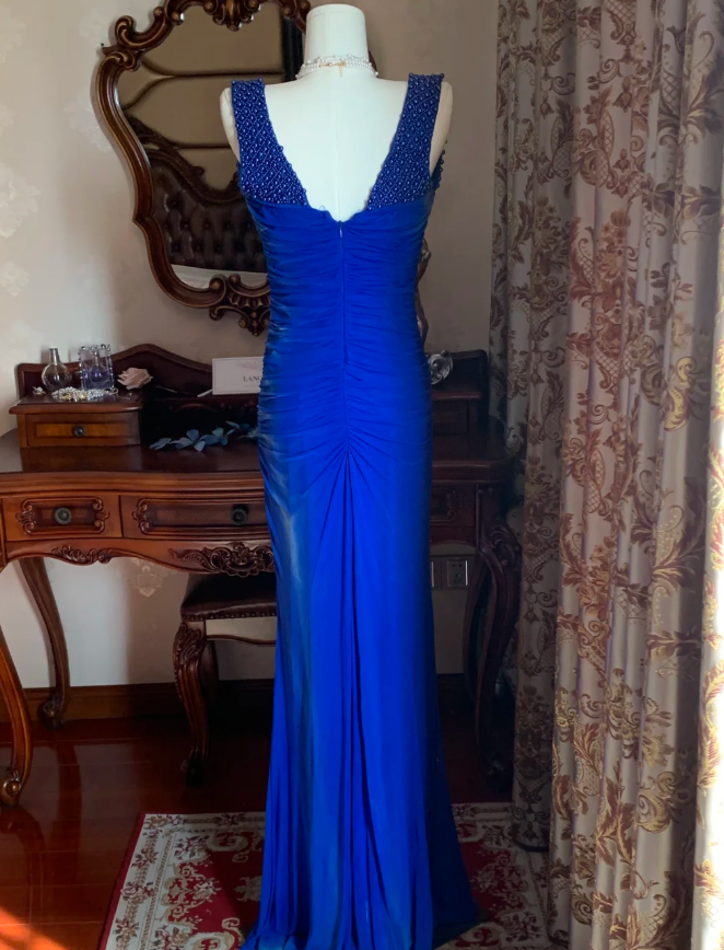 Sexy Royal Blue Tulle Pleated Beaded Mermaid Long Wedding Guest Dress Evening Dress