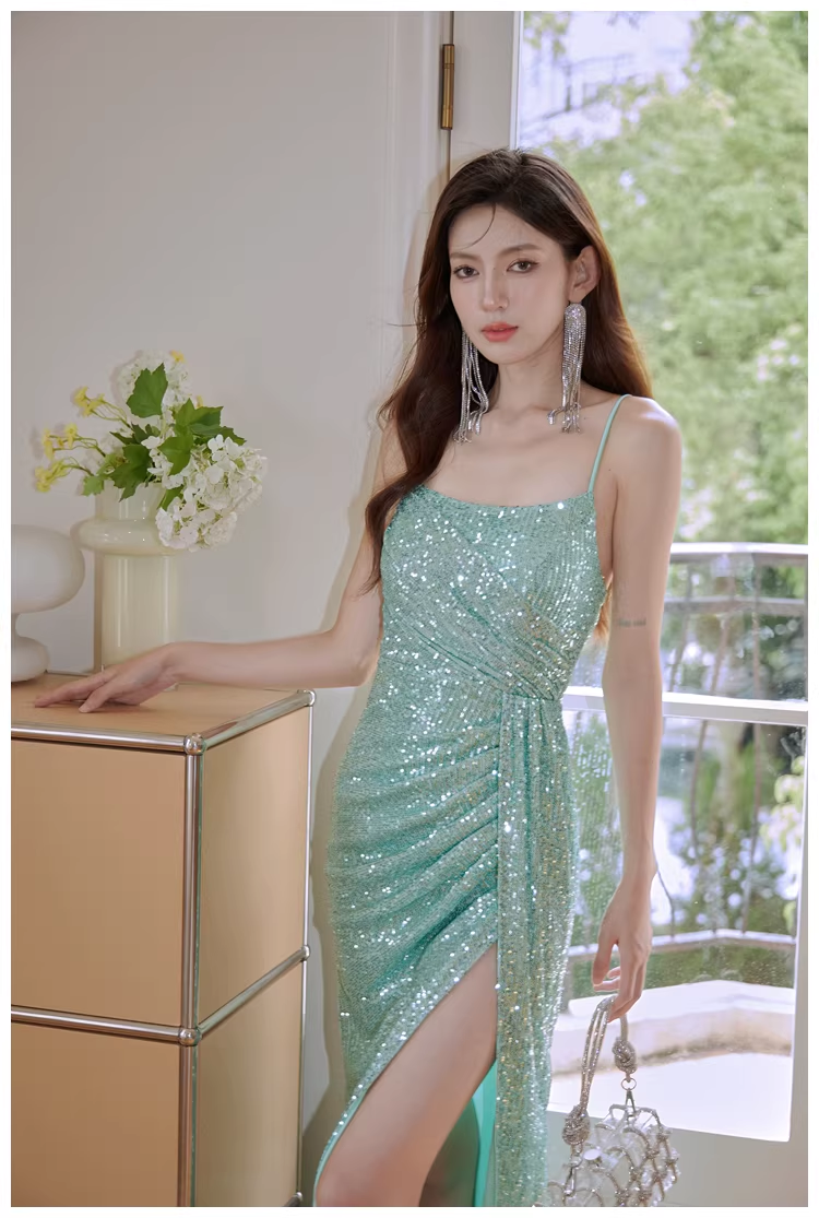 Sparkly Spaghetti Straps Mint Green Sequin Mermaid High Slit Long Prom Dress Evening Dress