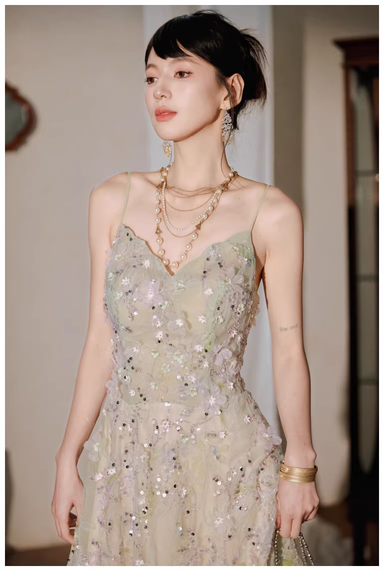 Pretty Spaghetti Straps Green Tulle Appliques A Line Long Birthday Prom Dress Evening Dress