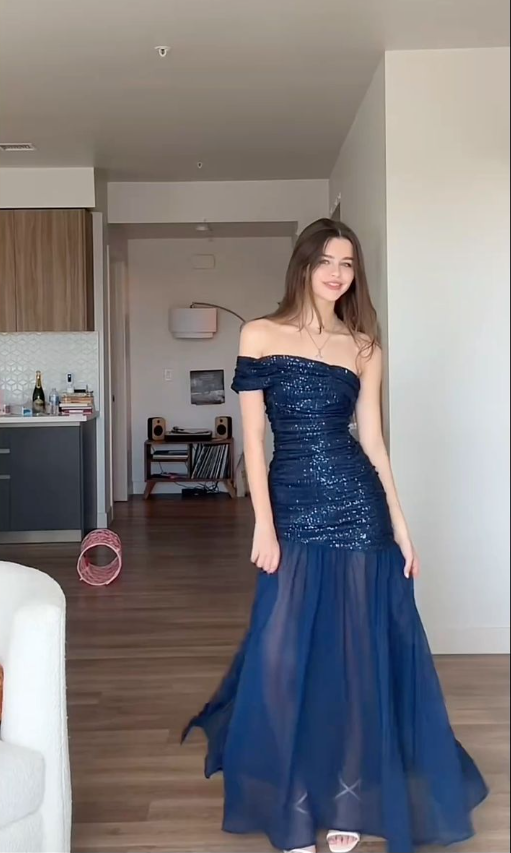 Elegant Off The Shoulder Navy Blue Sequin Chiffon Mermaid Evening Dress Long Wedding Guest Dress