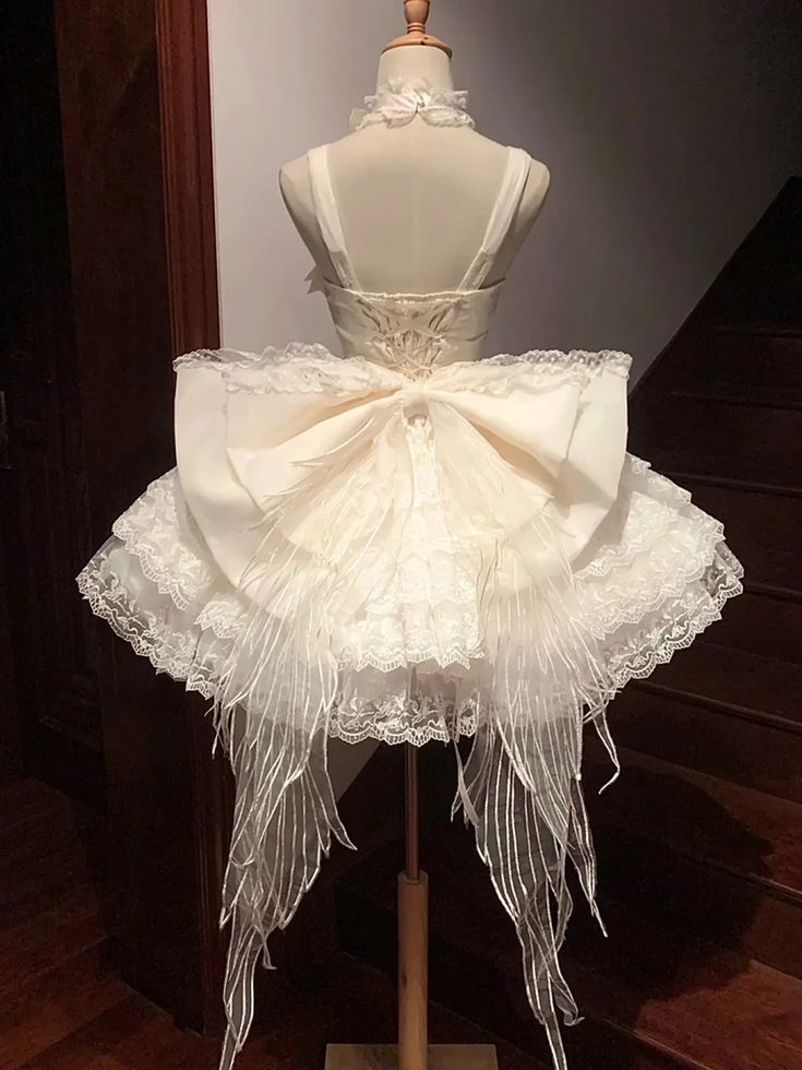 Classy Beige Floral Design Lace Layered Princess Birthday Dress With Big Bow