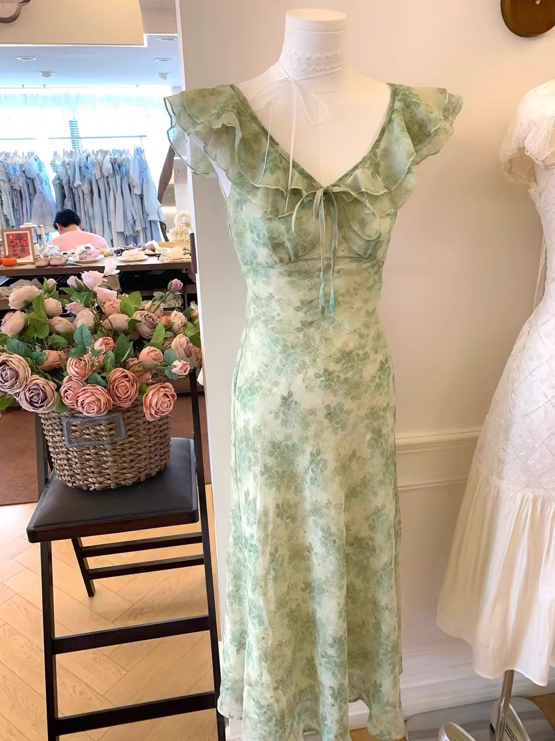 Green Ruffle Floral A Line Vacation Dress Birthday Party Dress
