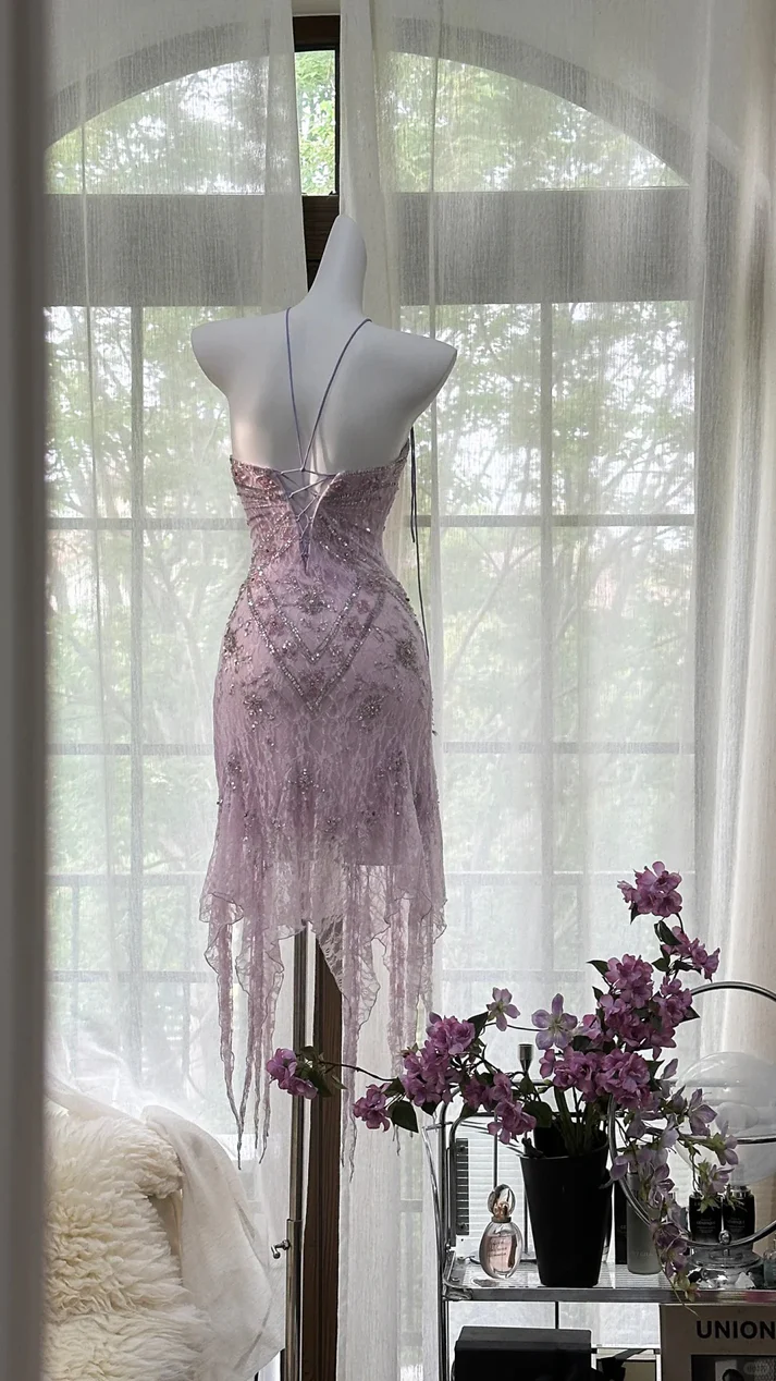 Pretty Lilac Lace Beaded Birthday Outfits Strapless Short Graduation Homecoming Dress
