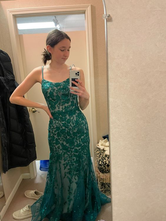 Green Lace Mermaid Evening Dress,Green Evening Gown