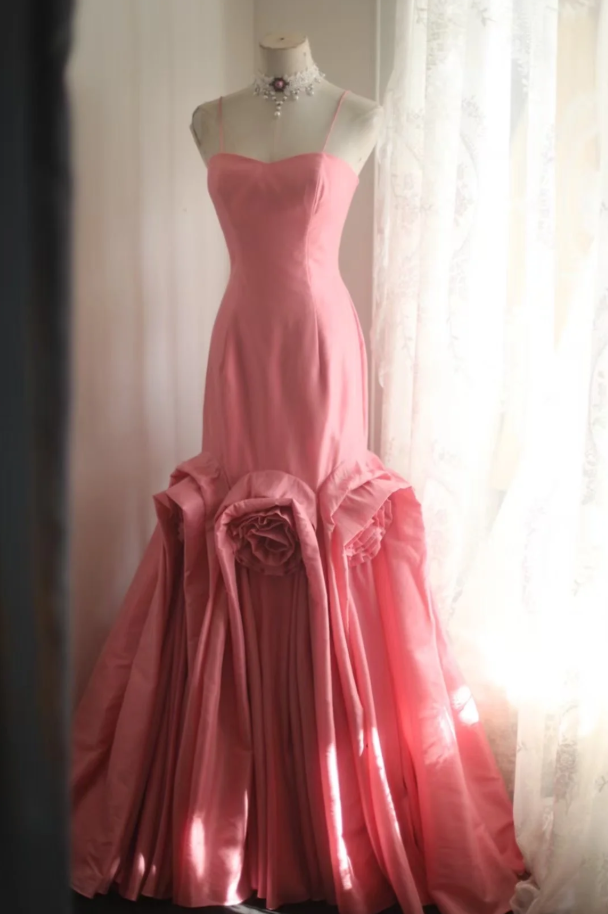 Elegant Spaghetti Straps Pink Satin Pleated Floral Mermaid Long Party Dress Birthday Evening Gown