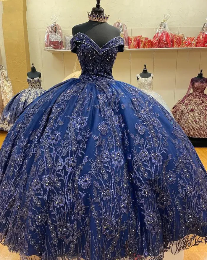 Vintage Navy Blue Ball Gown Off The Shoulder Tulle Lace Sequin Formal Quinceanera Dress