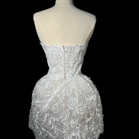 Classy Strapless White Lace Appliques Short Birthday Dress Formal Homecoming Dress