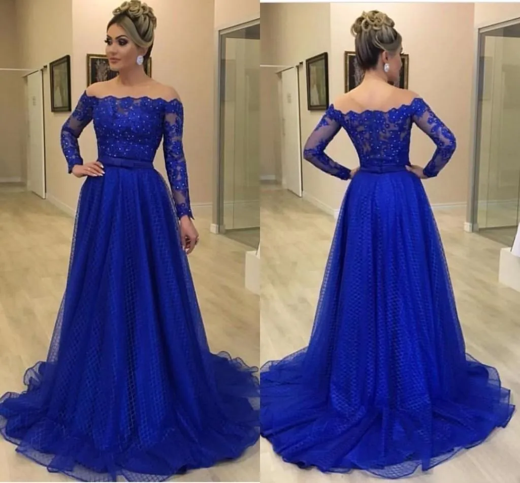 Off shoulder royal blue prom dress