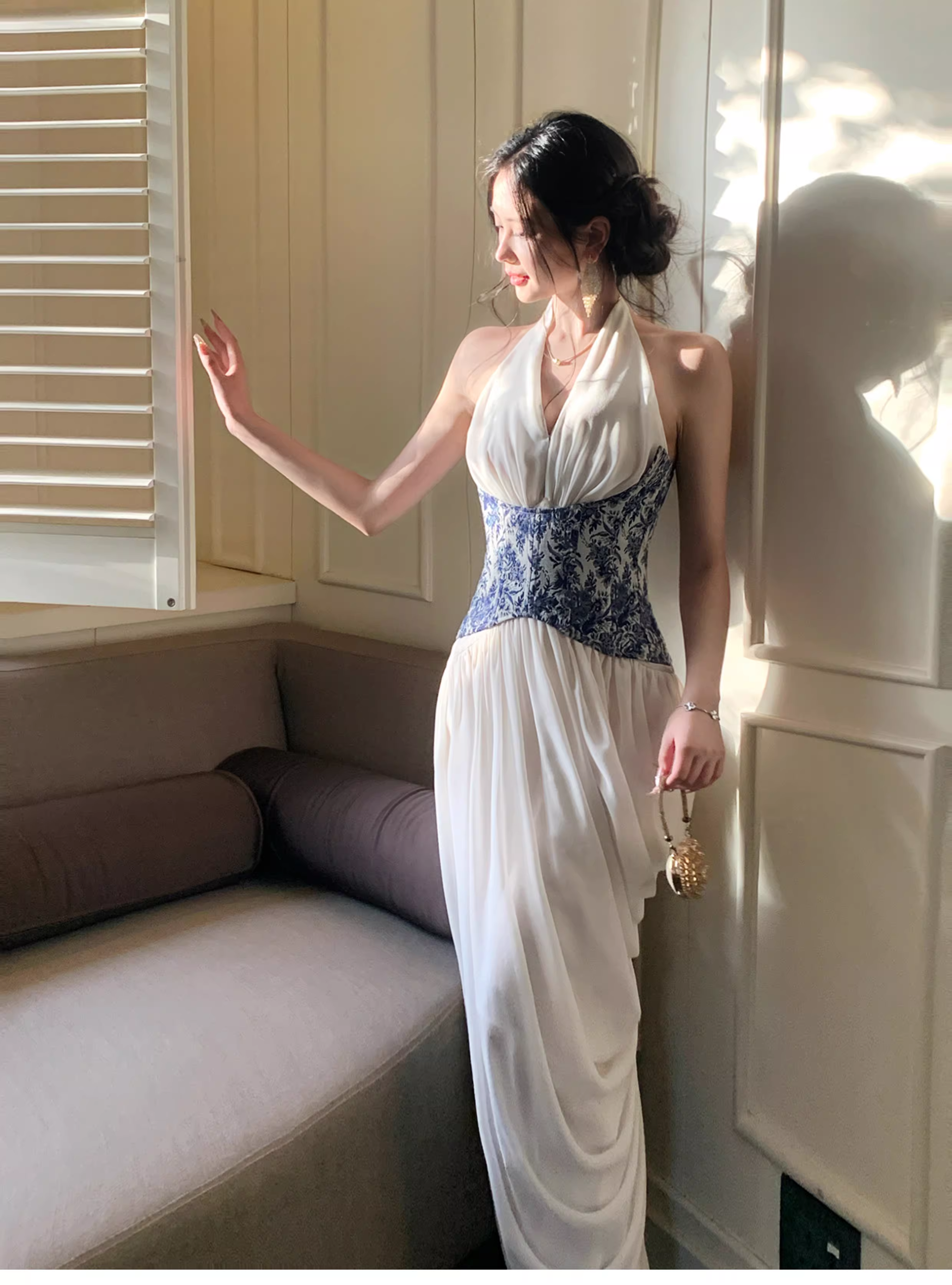 Unique Halter V Neck White Chiffon Pleated Long Prom Dress Birthday Evening Dress