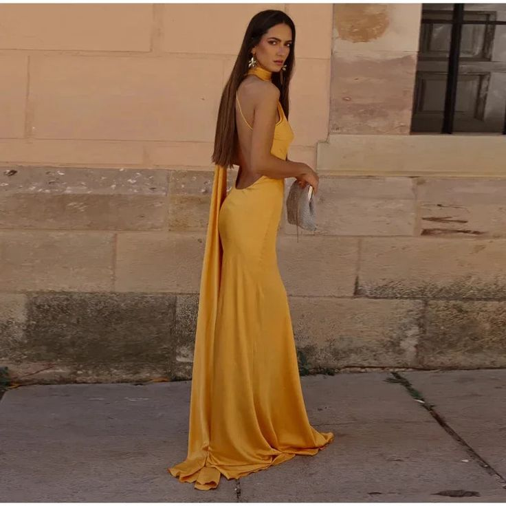 Sexy Halter Yellow Satin Backless Mermaid Evening Dress,Long Party Dress