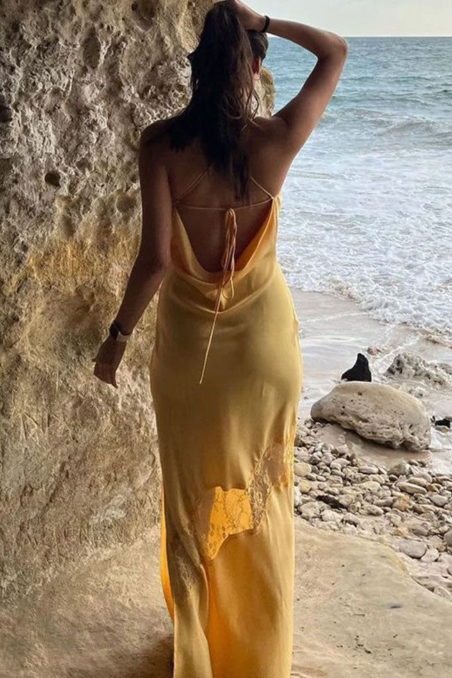 Classy Mermaid Straps Yellow Lace Hollow Out Long Prom Dress Birthday Dress
