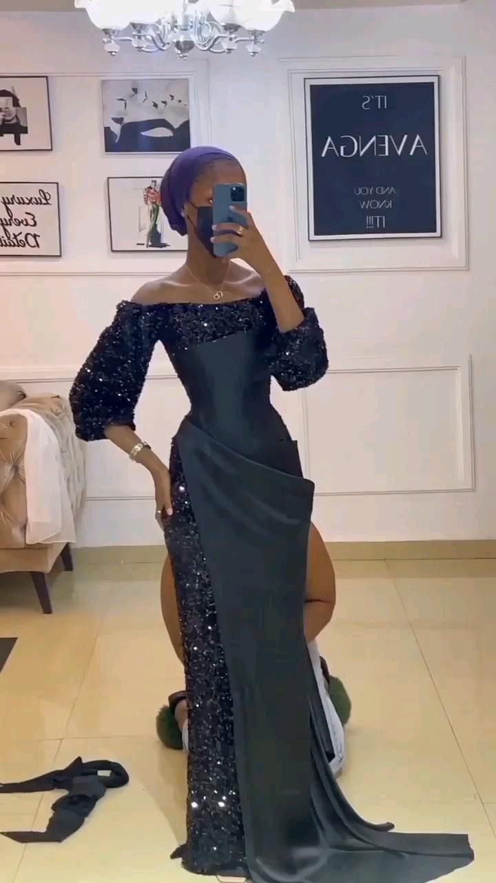 Unique Black Satin Sequins Long Prom Dress Sexy Party Evening Gown