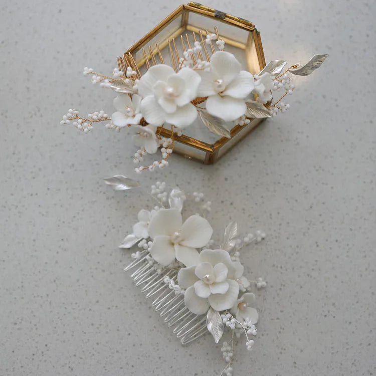 Porcelain Flower Leaf Hair Combs Clips Pearls Beaded Hairpins For Brides Women Headpieces Bridal Jewelry Wedding Accessories