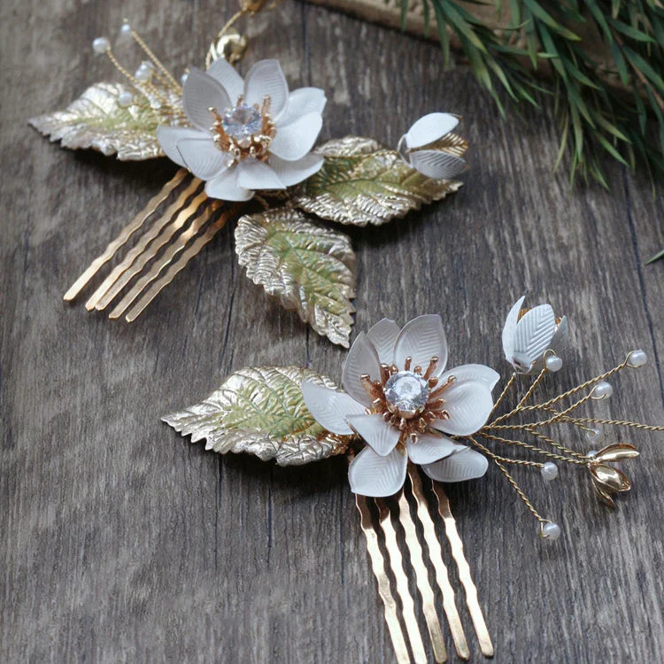 Wedding Accessories Vintage Hairpins Flower Leaf Head Pieces Headdress Crystal Hair Combs Pins For Brides Women Bridal Jewelry
