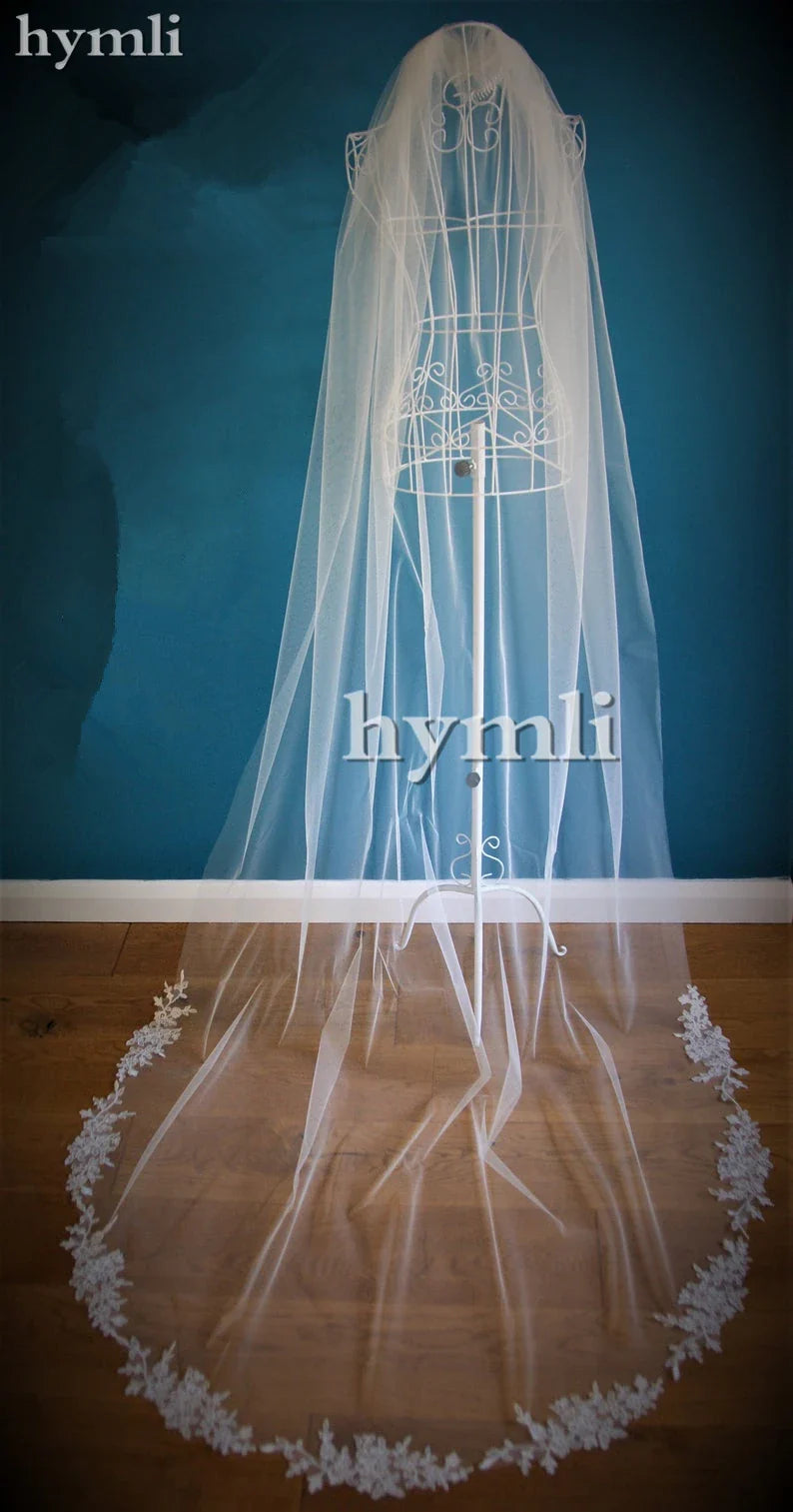 One Layer Lace Applique Wedding Accessories Chapel Veil In White, Off White, Ivory Metal Comb on The Top Ivory