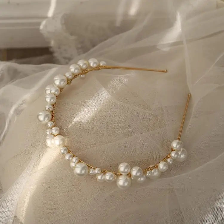 Pearls Beaded Headband Headpiece Vintage Tiara Crown For Brides Women Headwear Hairband Wedding Accessories Bridal Hair Jewelry