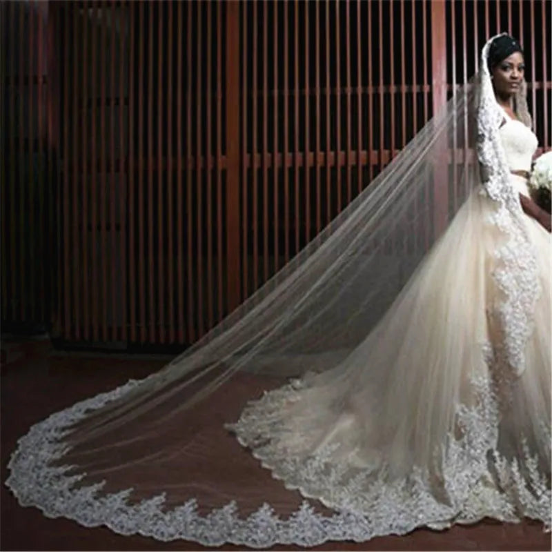 118" Long ,102" Wide One Layer Mantilla Veil , Wedding Veil , Bridal Veil, Lace Veil With Metal Comb Off-White 400cm