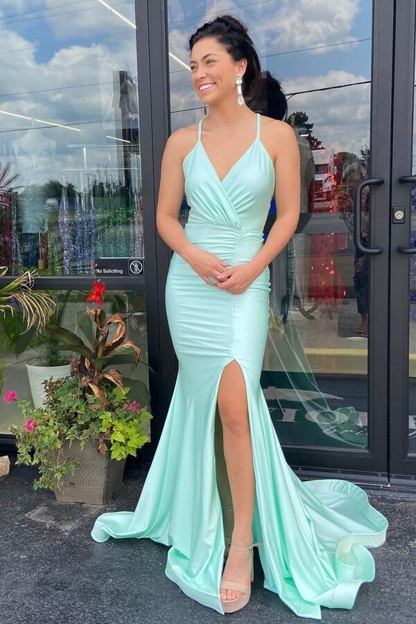 Mermaid Light Green Slit Long Formal Prom Dress