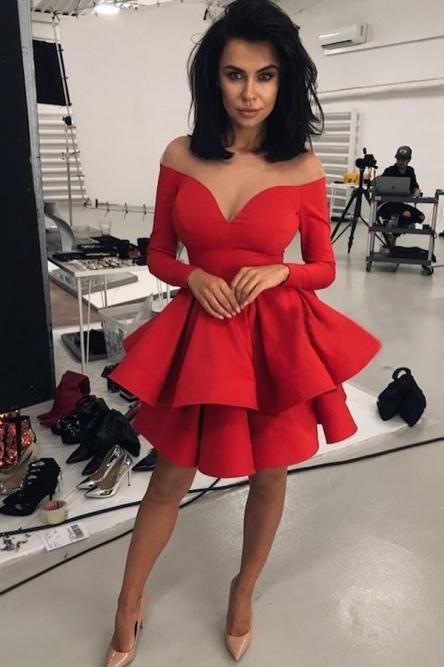 Off the Shoulder V-neck Tiered Red Satin Homecoming Dress Long Sleeves
