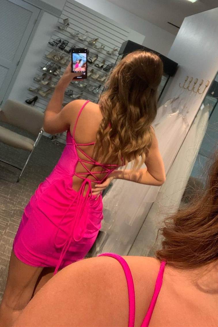 Sexy Hot Pink Plunge Bodycon Mini Homecoming Dress