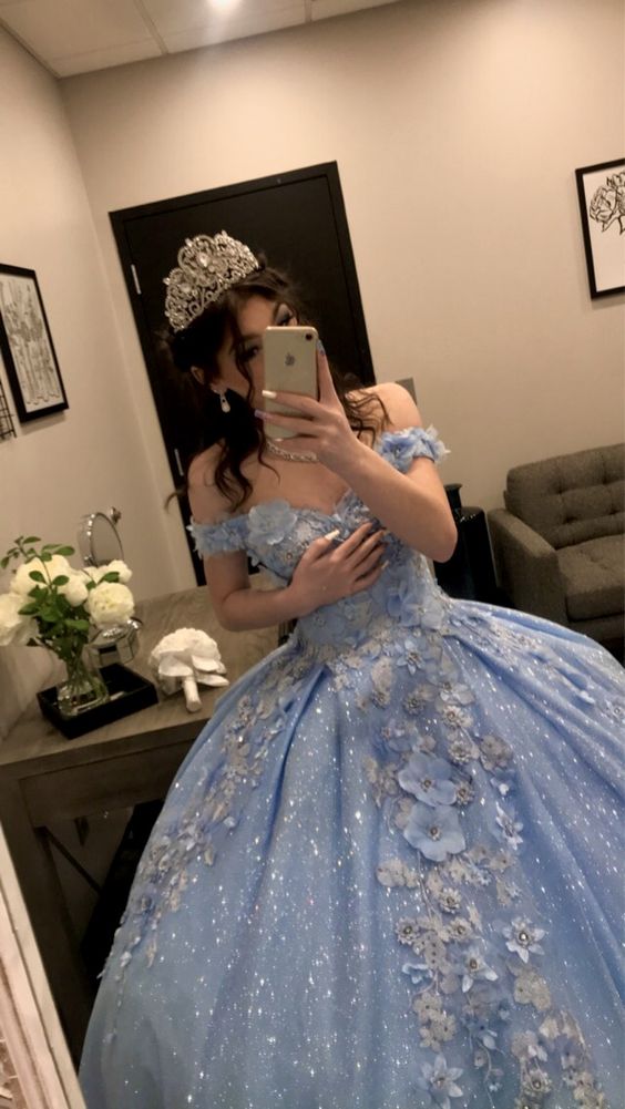 Off the shoulder blue ball gown gliter sweet 16 dress birthday dress
