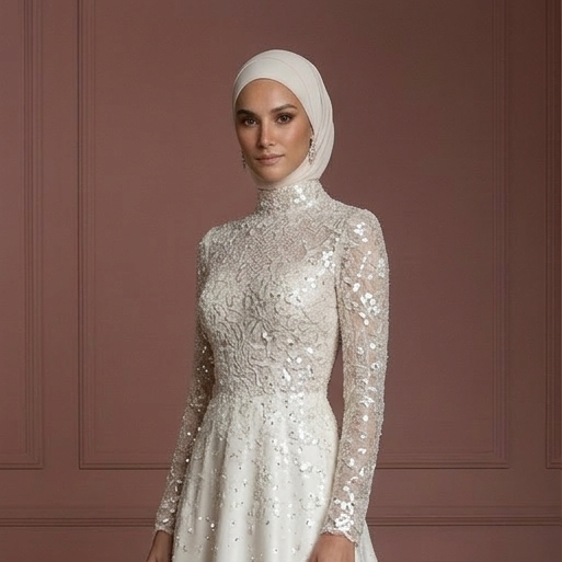 Hijab Bridal Wedding Dress With Sequin Lace Glam Modest Style Muslim