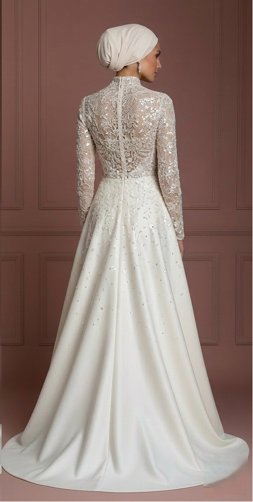 Hijab Bridal Wedding Dress With Sequin Lace Glam Modest Style Muslim