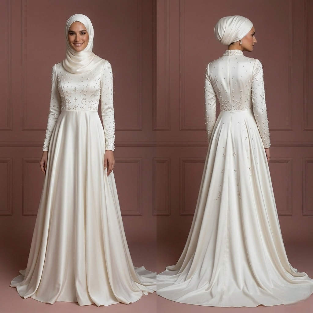 Hijab Bridal Wedding Dress With Soft Satin Fabric Muslim