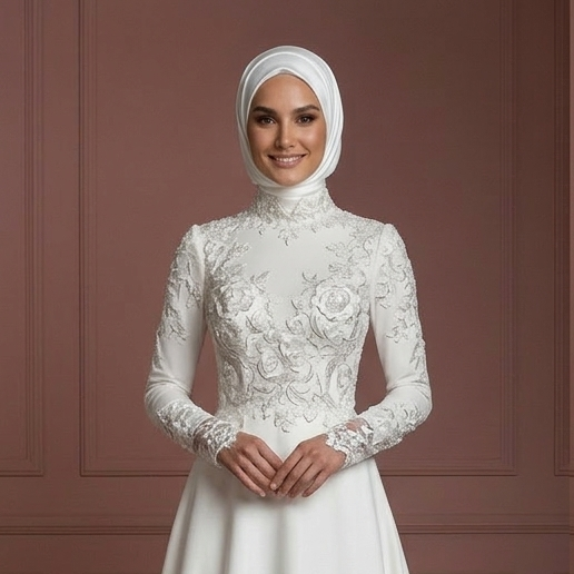 Hijab Bridal Gown With Embroidered Floral Lace Wedding Dress Muslim