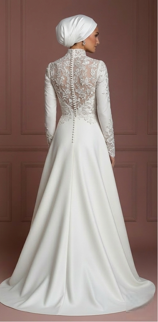 Hijab Bridal Gown With Embroidered Floral Lace Wedding Dress Muslim
