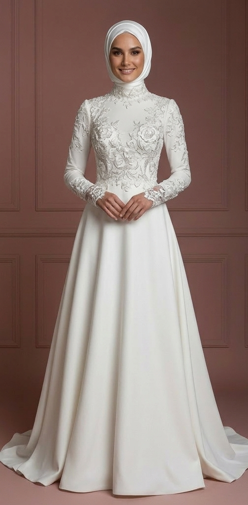 Hijab Bridal Gown With Embroidered Floral Lace Wedding Dress Muslim
