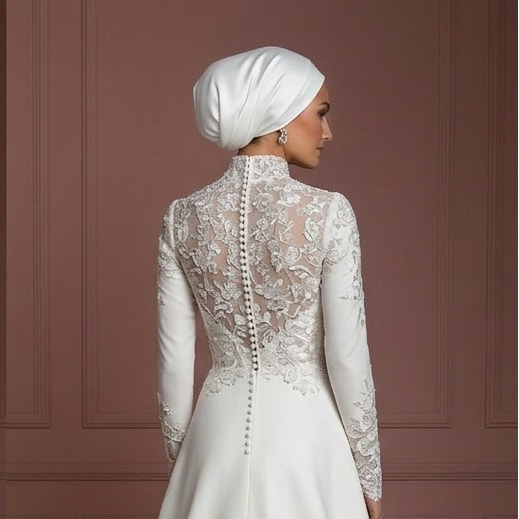 Hijab Bridal Gown With Embroidered Floral Lace Wedding Dress Muslim