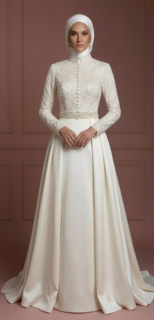 Hijab Bridal Gown With High Neck Coverage Style Wedding Dress Muslim