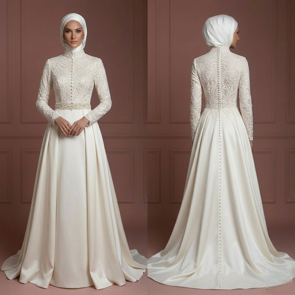 Hijab Bridal Gown With High Neck Coverage Style Wedding Dress Muslim