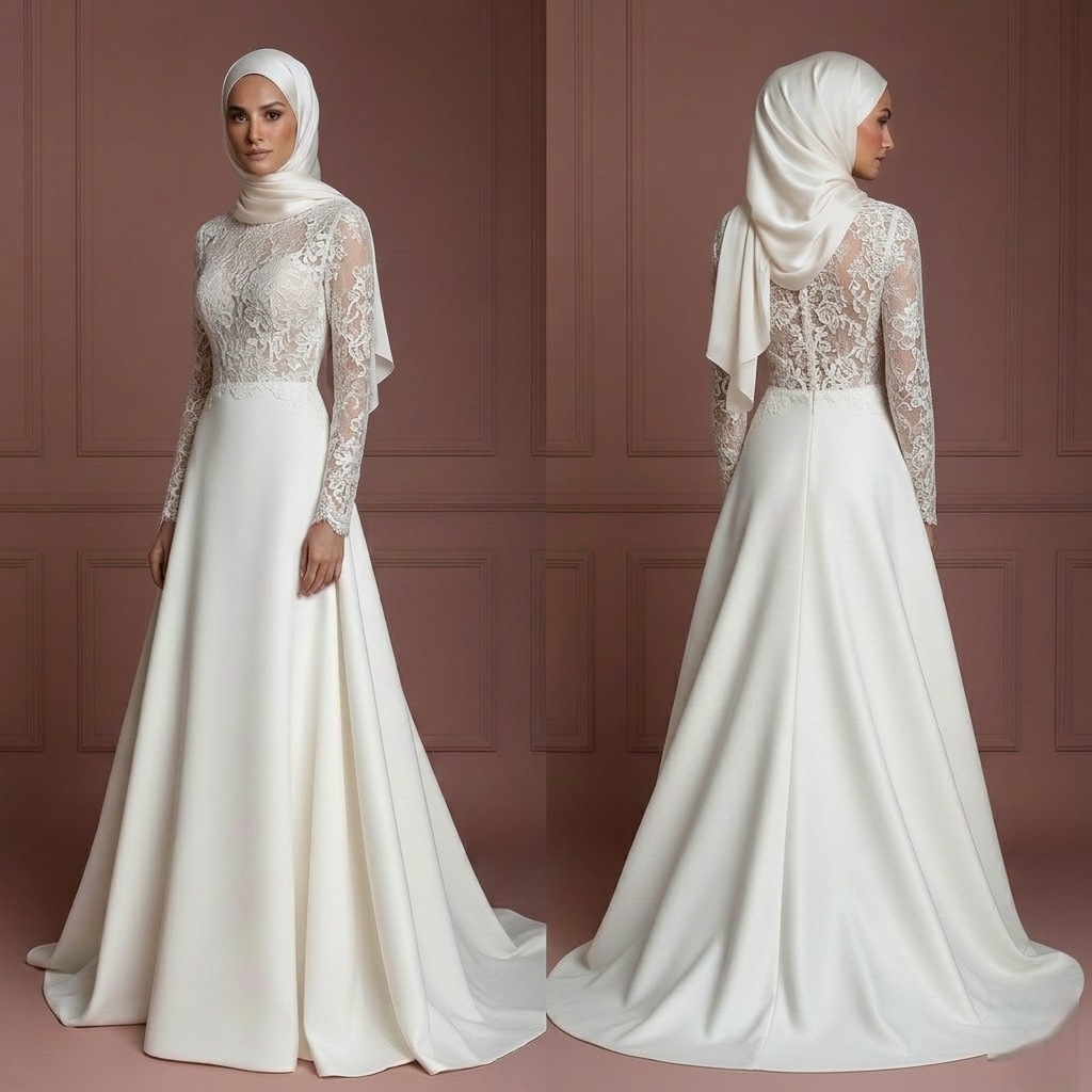 Hijab Bridal Weddding Dress With Romantic Lace Style Muslim
