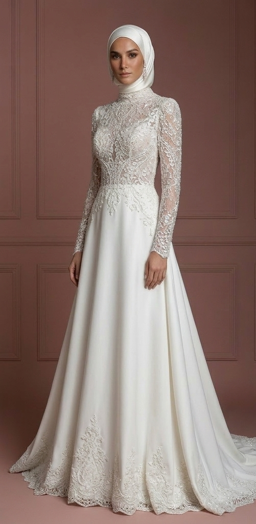 Hijab Wedding Dress With Beaded Lace Luxury Bridal Muslim