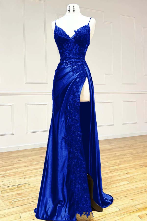 Sexy Mermaid Spaghetti Strap Sleeveless Long Split Prom Dress with Embroidered