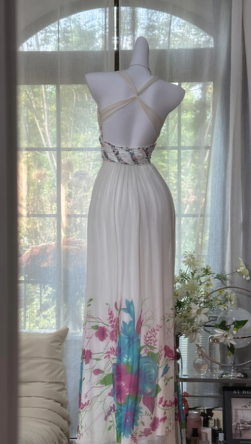 Chic White V Neck Chiffon Print Floral Beaded Long Evening Dress Backless Party Gown