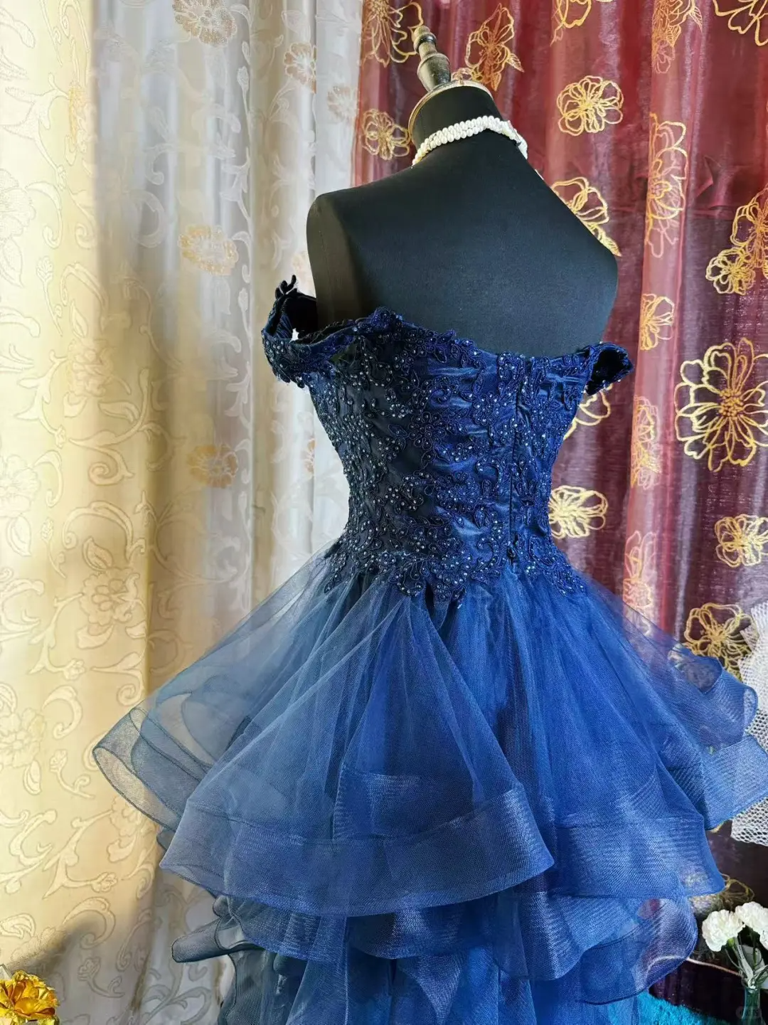 Vintage Navy Blue Tulle Appliques A Line Short Homecoming Dress Off The Shoulder 19th Birthday Outfits