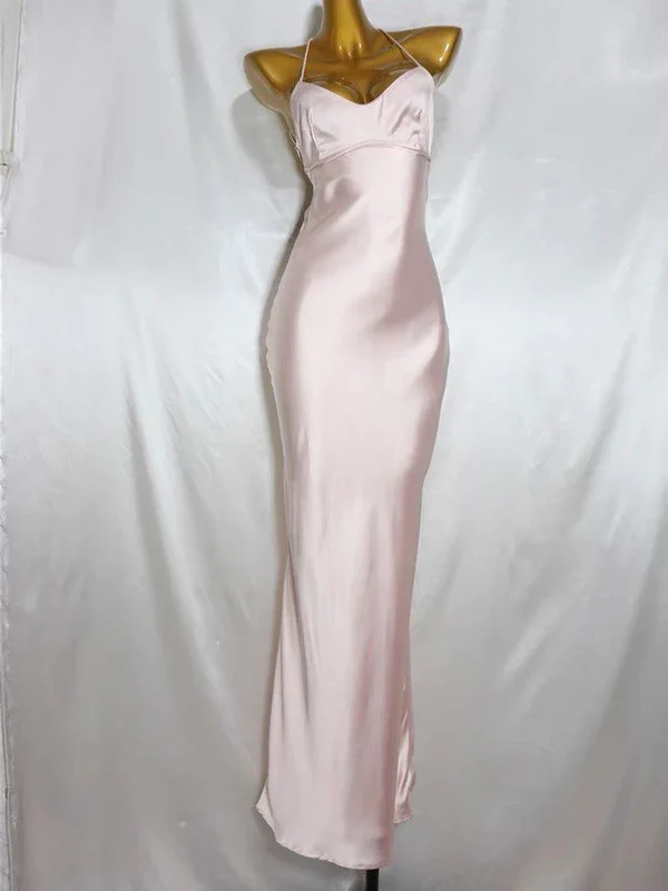 Simple Straps Pink Sheath Long Party Evening Dress