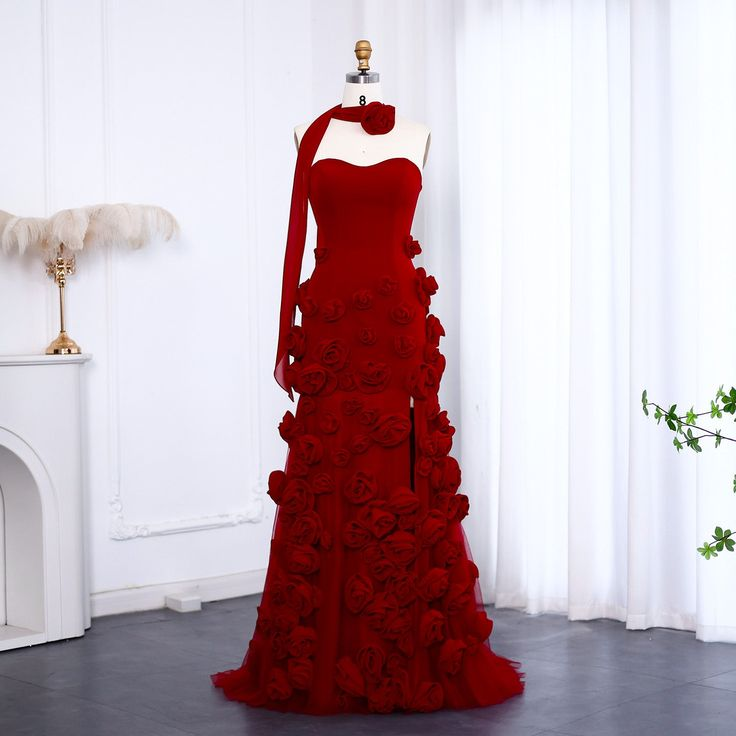 Beautiful Pink Strapless Tulle Rose Flowers Prom Dress Mermaid Slit Evening Dress Wedding Dress