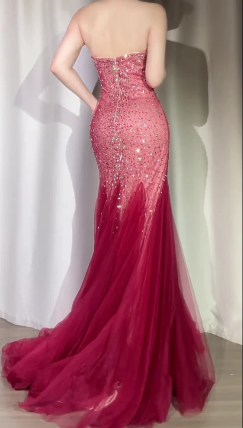 Sparkly Burgundy Strapless Tulle Beaded Mermaid Long Evening Dress Formal Birthday Party Dress