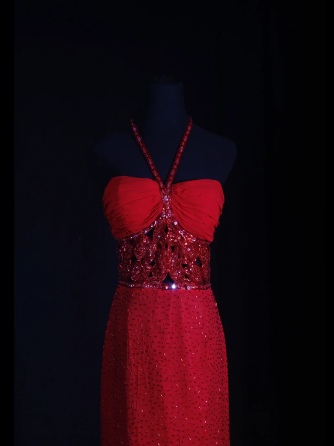 Pretty Red Halter Chiffon Beaded Sheath Long Prom Dress Birthday Evening Dress