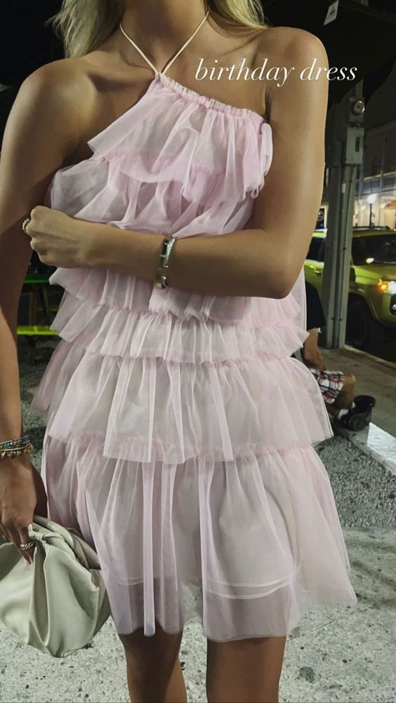 Pink Halter Neckline Multi-layered Tulle Homecoming Dress,21th Birthday Party Dress