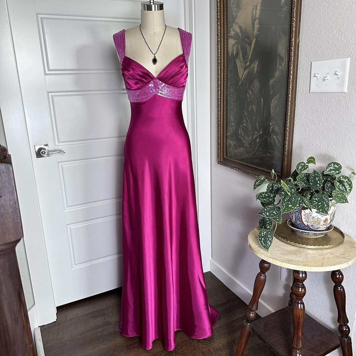 Pretty Hot Pink V Neck Satin Beaded Long Wedding Guest Dress Birthday Party Dress Evening Gown