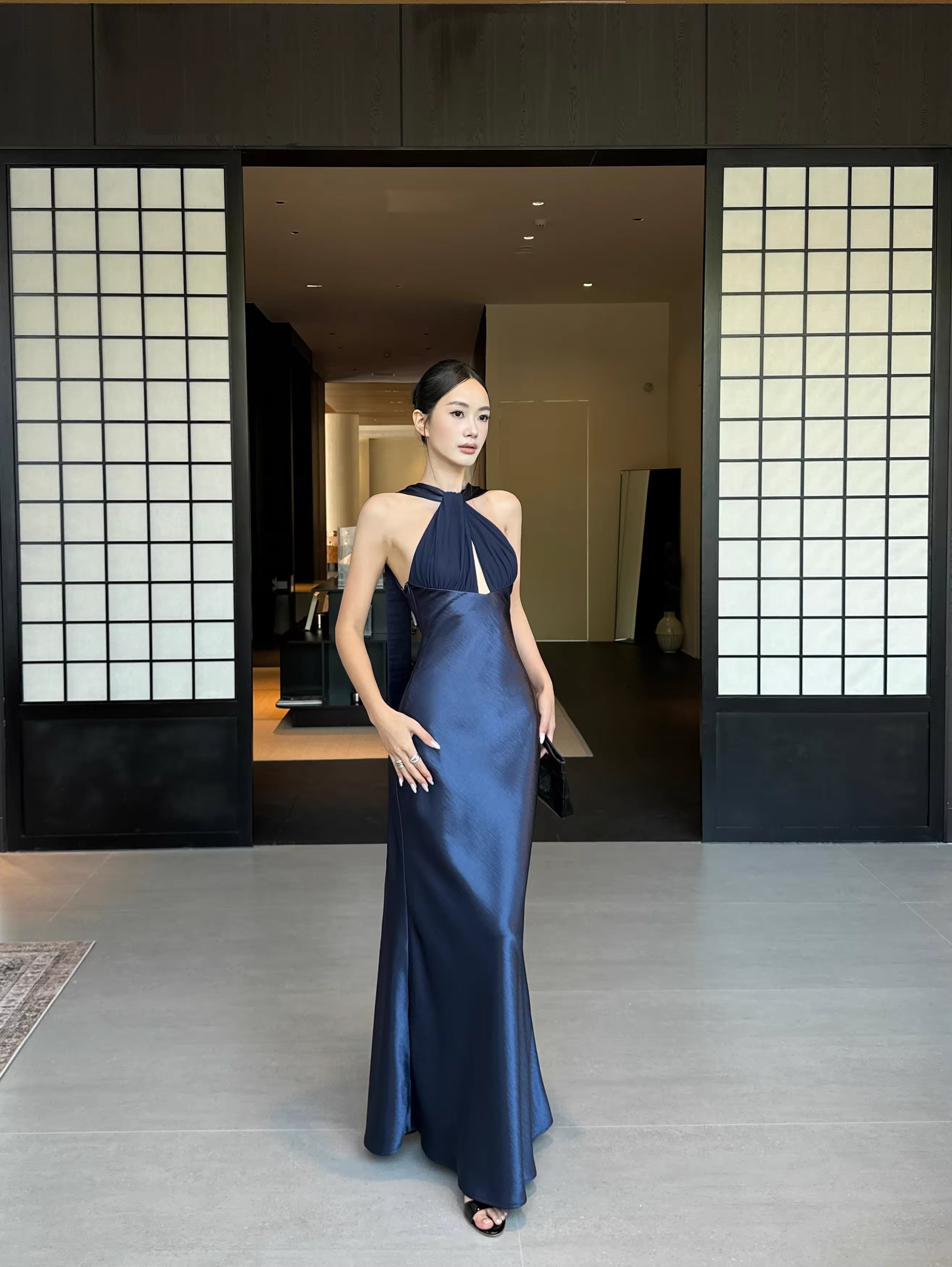 Classy Sleeveless Navy Blue Satin Mermaid Long Wedding Guest Dress Formal Backless Party Dress Evening Gown