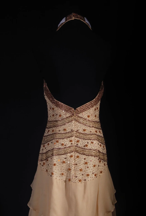 Vintage Khaki Halter Beaded Chiffon Layered Mermaid Long Party Dress Backless Wedding Guest Dress