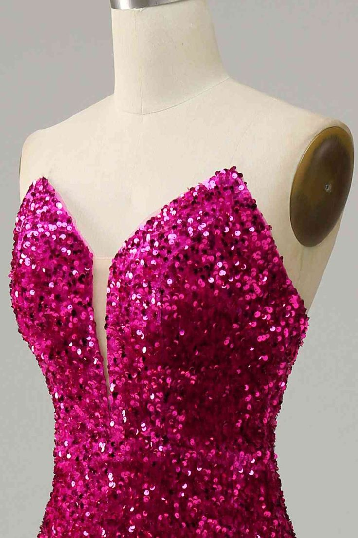 Fuchsia Strapless Sequins Long Prom Dress with Slit
